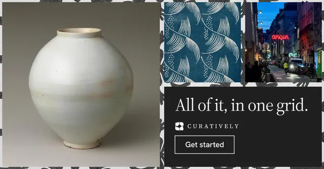 Social ad for Curatively: "All of it, in one grid." Editorial style, collage layout, dark palette in blue, grey.