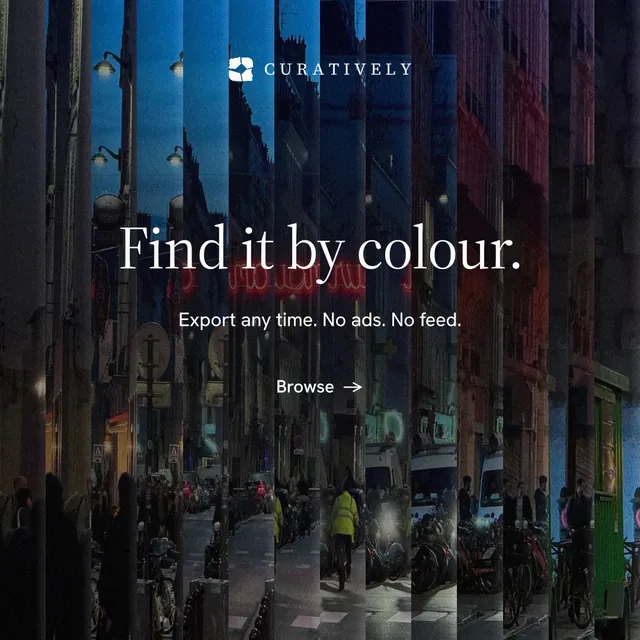 Instagram post for Curatively: "Find it by colour." Minimal luxury style, centred layout, dark palette in black, blue.