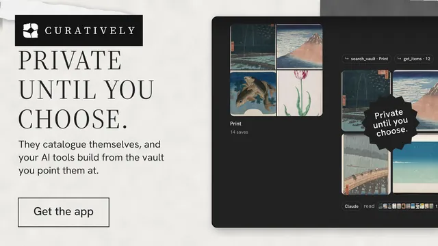 Landscape graphic for Curatively: "Private until you choose." Editorial style, sticker layout, light palette in black, white, grey.