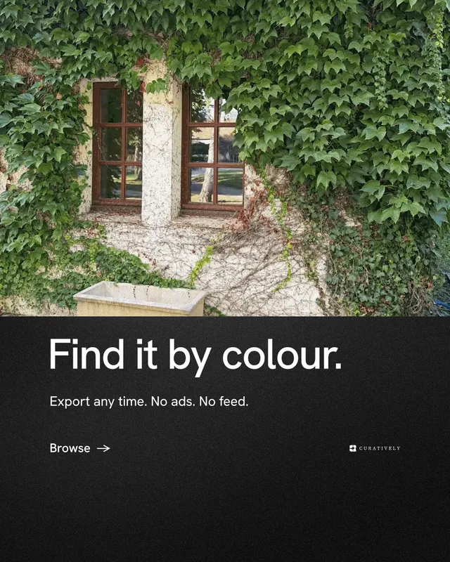 Instagram portrait post for Curatively: "Find it by colour." Minimal luxury style, bottom layout, dark palette in green, black, grey.