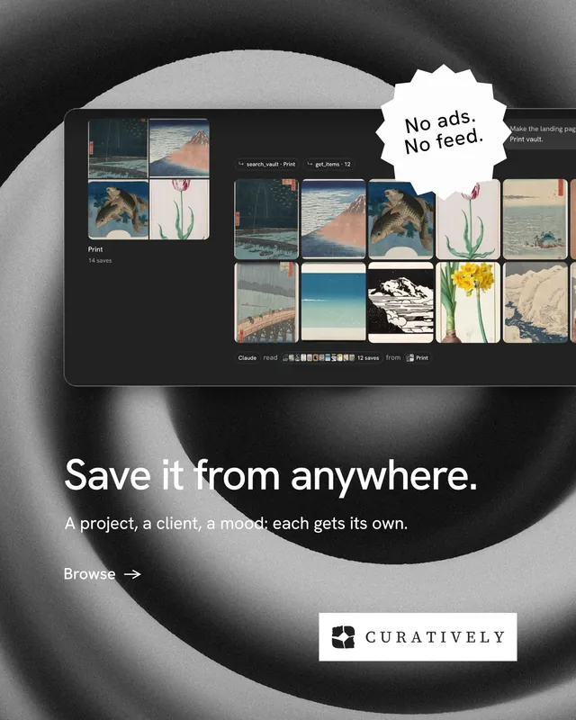 Instagram portrait post for Curatively: "Save it from anywhere." Minimal luxury style, sticker layout, dark palette in black, grey, white.