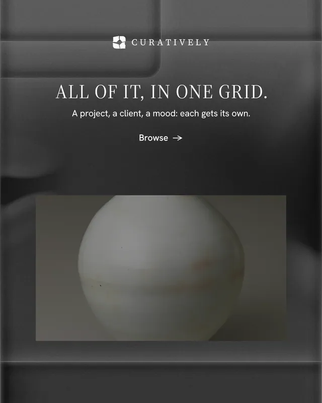 Instagram portrait post for Curatively: "All of it, in one grid." Minimal luxury style, centred layout, dark palette in black, grey.