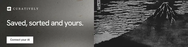 LinkedIn banner for Curatively: "Saved, sorted and yours." Swiss style, bottom layout, dark palette in black, grey.