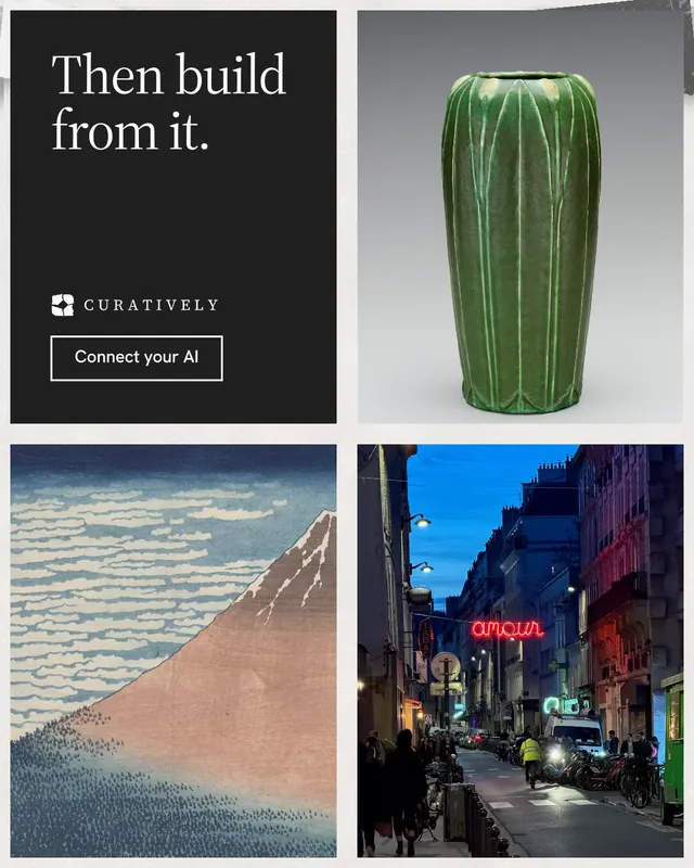Instagram portrait post for Curatively: "Then build from it." Editorial style, collage layout, dark palette in grey, black.