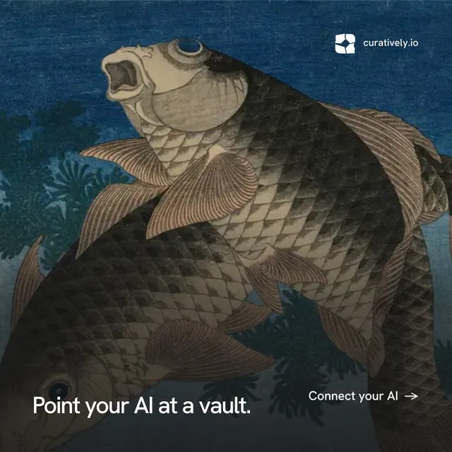 Instagram post for Curatively: "Point your AI at a vault." Swiss style, image led layout, dark palette in black, blue, grey.