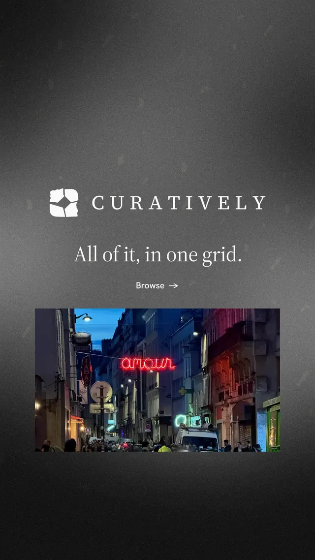 Instagram story for Curatively: "All of it, in one grid." Minimal luxury style, logo hero layout, dark palette in black, grey.
