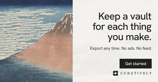 Social ad for Curatively: "Keep a vault for each thing you make." Swiss style, right layout, light palette in grey, white.