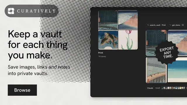 Landscape graphic for Curatively: "Keep a vault for each thing you make." Swiss style, sticker layout, light palette in black, grey, white.
