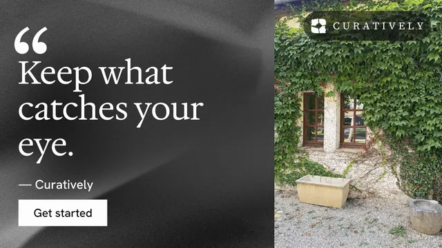 Landscape graphic for Curatively: "Find it by colour." Swiss style, quote layout, dark palette in grey, black.
