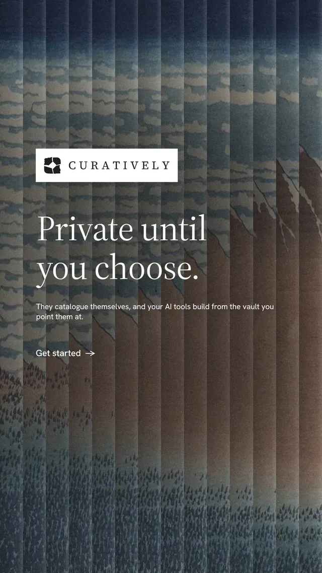 Instagram story for Curatively: "Private until you choose." Minimal luxury style, announce layout, dark palette in grey, black.