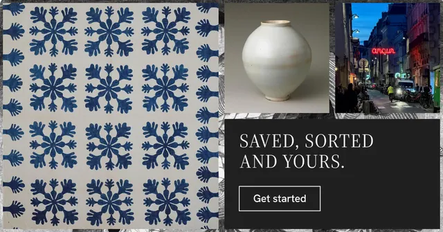 Social ad for Curatively: "Saved, sorted and yours." Editorial style, collage layout, dark palette in black, grey.