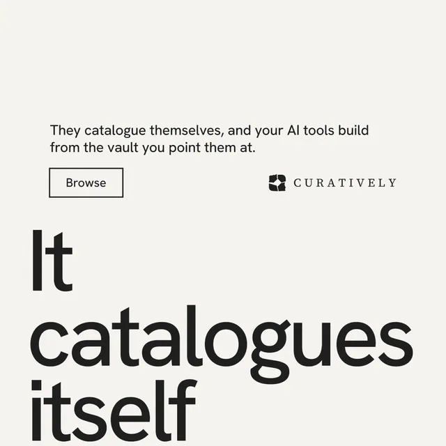 Instagram post for Curatively: "Saved, sorted and yours." Editorial style, oversized layout, light palette in white, grey.