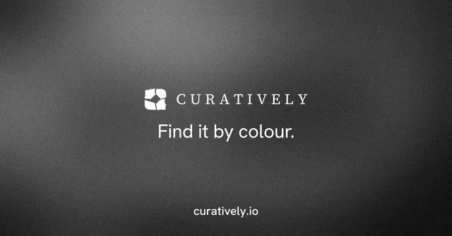 Social ad for Curatively: "Find it by colour." Minimal luxury style, end card layout, dark palette in black, grey.