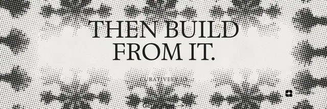 X header for Curatively: "Then build from it." Retro print style, smallcaps layout, light palette in white, grey.
