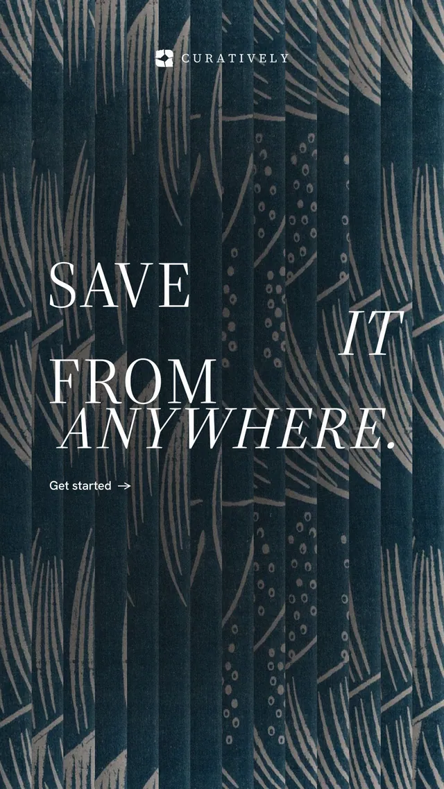 Instagram story for Curatively: "Save it from anywhere." Minimal luxury style, stacked layout, dark palette in black, blue, grey.