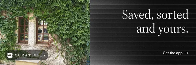 X header for Curatively: "Saved, sorted and yours." Minimal luxury style, right layout, dark palette in black, grey.