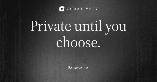 Social ad for Curatively: "Private until you choose." Minimal luxury style, centred layout, dark palette in black, grey.