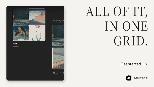 Landscape graphic for Curatively: "All of it, in one grid." Minimal luxury style, right layout, light palette in white, black, grey.