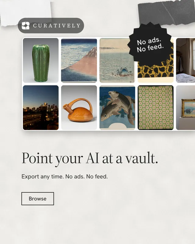 Instagram portrait post for Curatively: "Point your AI at a vault." Editorial style, sticker layout, light palette in white, grey.