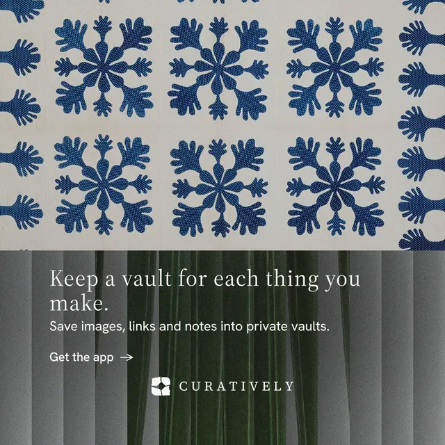 Instagram post for Curatively: "Keep a vault for each thing you make." Minimal luxury style, bottom layout, light palette in grey, black.