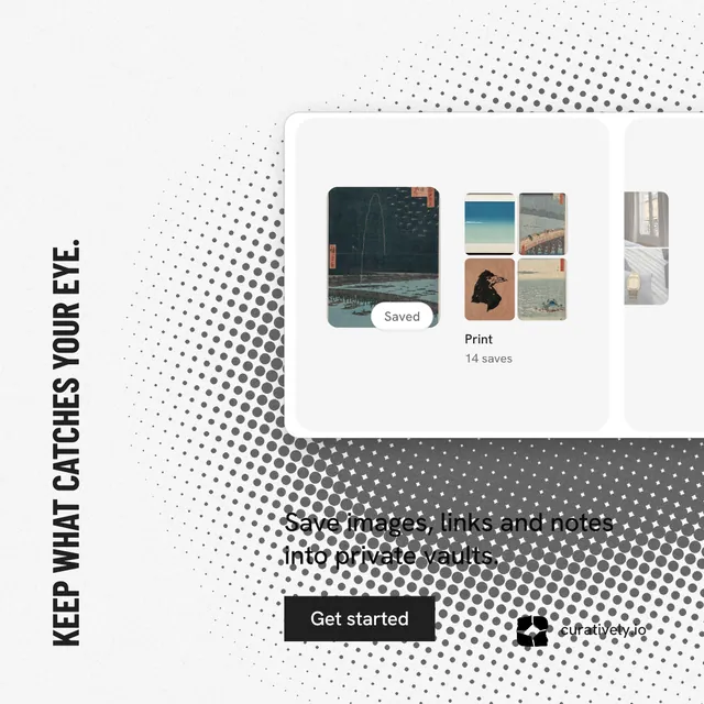Instagram post for Curatively: "Keep what catches your eye." Retro print style, vertical layout, light palette in white, grey.
