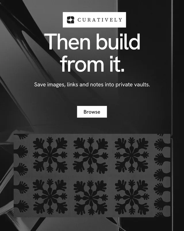 Instagram portrait post for Curatively: "Then build from it." Swiss style, centred layout, dark palette in black, grey.