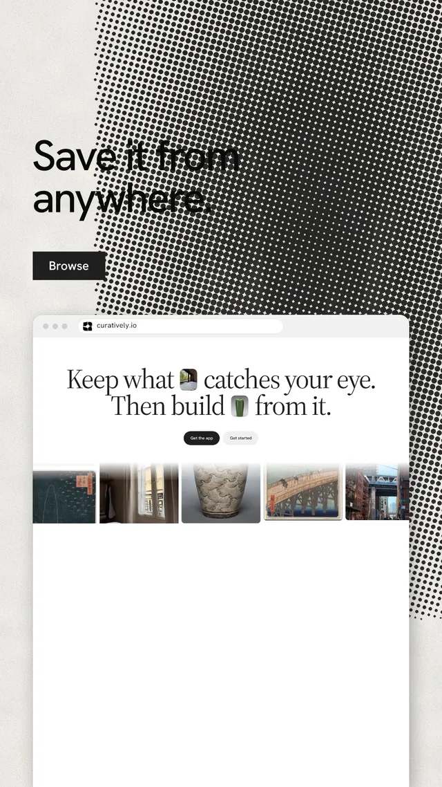 Instagram story for Curatively: "Save it from anywhere." Swiss style, browser layout, light palette in white, grey.