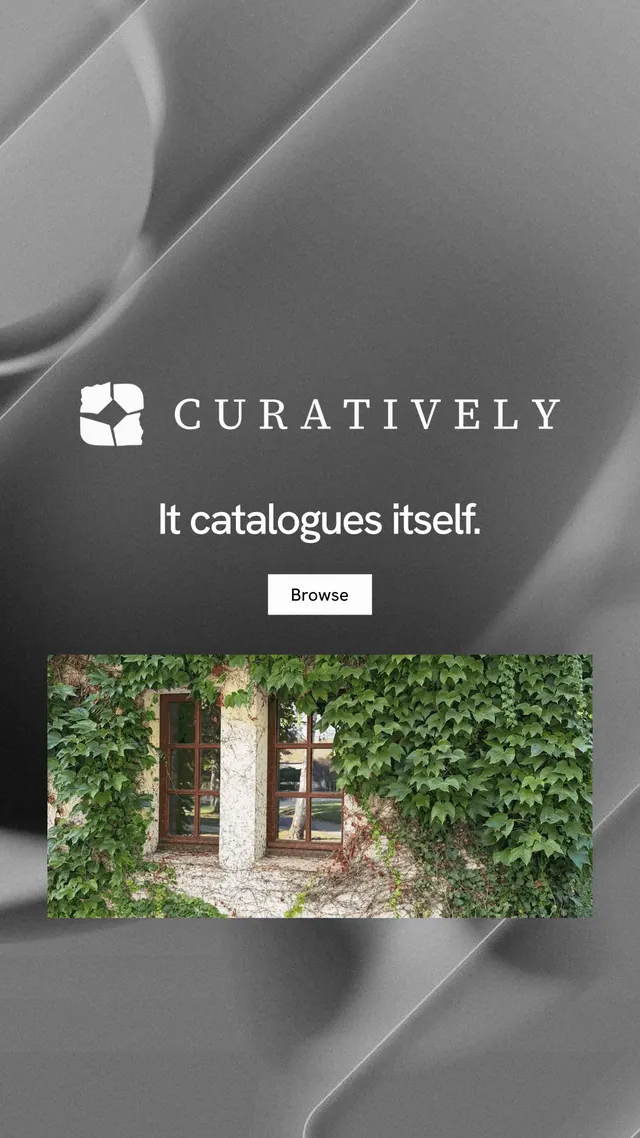 Instagram story for Curatively: "It catalogues itself." Swiss style, logo hero layout, dark palette in grey.