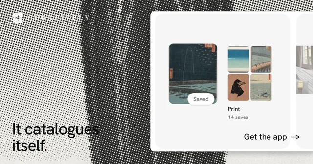 Social ad for Curatively: "It catalogues itself." Retro print style, image led layout, light palette in grey, white.