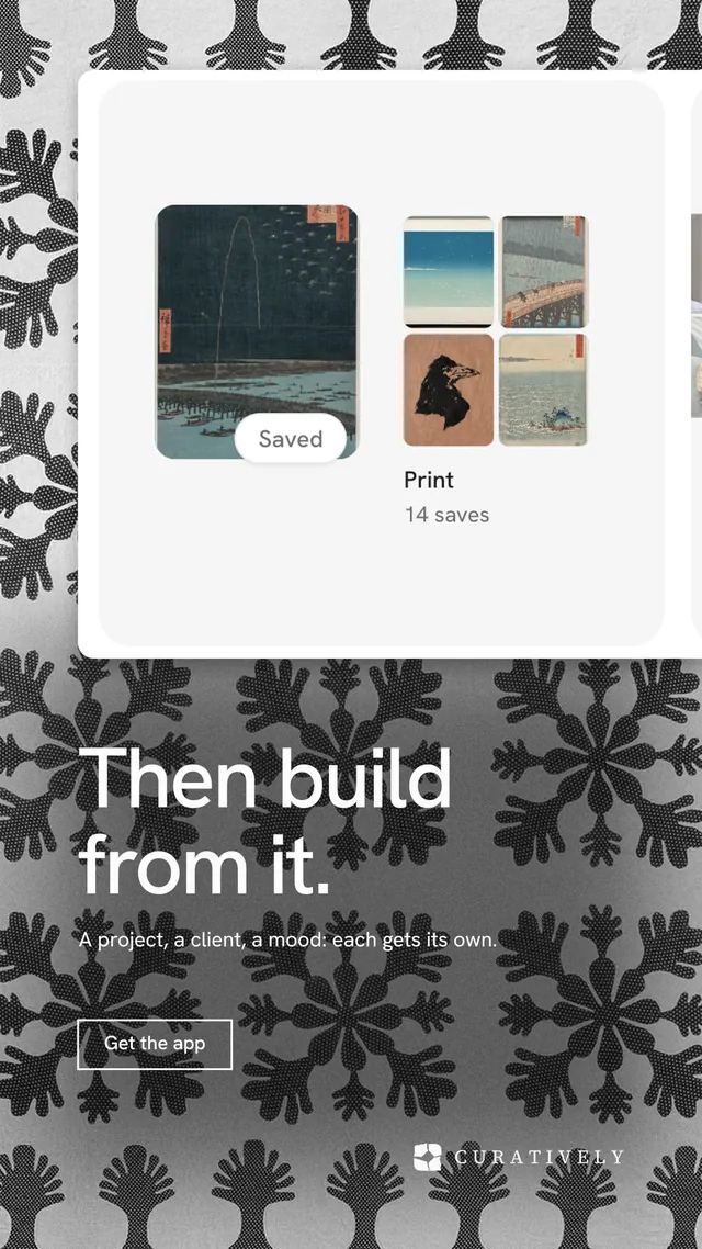 Instagram story for Curatively: "Then build from it." Editorial style, bottom layout, light palette in grey, white, black.