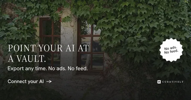 Social ad for Curatively: "Point your AI at a vault." Minimal luxury style, sticker layout, dark palette in black, grey.