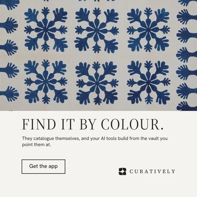 Instagram post for Curatively: "Find it by colour." Editorial style, bottom layout, light palette in grey, white, blue.