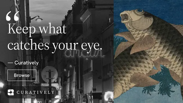 Landscape graphic for Curatively: "Find it by colour." Editorial style, quote layout, dark palette in black, grey.