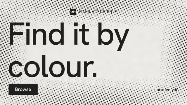 Landscape graphic for Curatively: "Find it by colour." Retro print style, poster layout, light palette in grey, white.