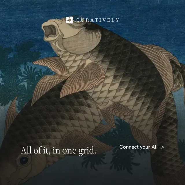 Instagram post for Curatively: "All of it, in one grid." Minimal luxury style, image led layout, dark palette in black, blue, grey.