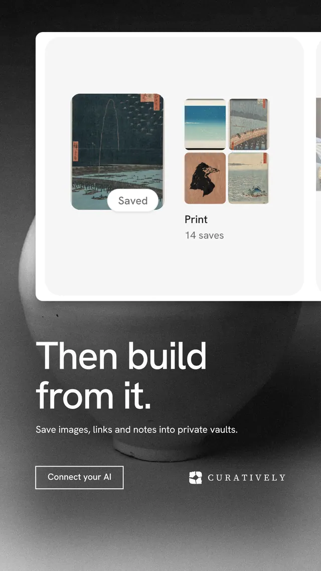 Instagram story for Curatively: "Then build from it." Editorial style, bottom layout, light palette in grey, black, white.