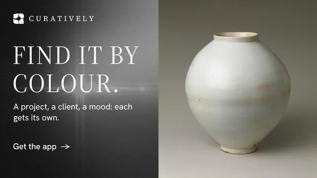 Landscape graphic for Curatively: "Find it by colour." Minimal luxury style, bottom layout, dark palette in grey, black.