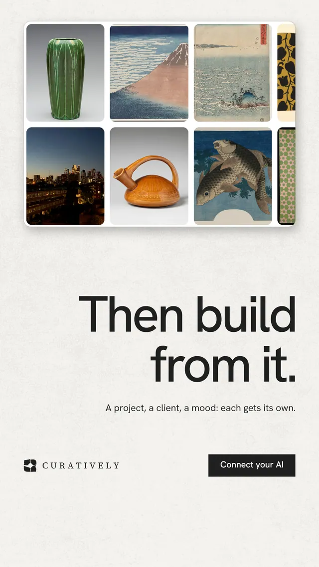 Instagram story for Curatively: "Then build from it." Swiss style, right layout, light palette in white, grey.