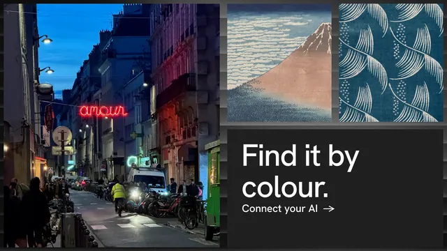 Landscape graphic for Curatively: "Find it by colour." Minimal luxury style, collage layout, dark palette in black, grey.