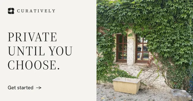 Social ad for Curatively: "Private until you choose." Minimal luxury style, bottom layout, light palette in white, green, grey.