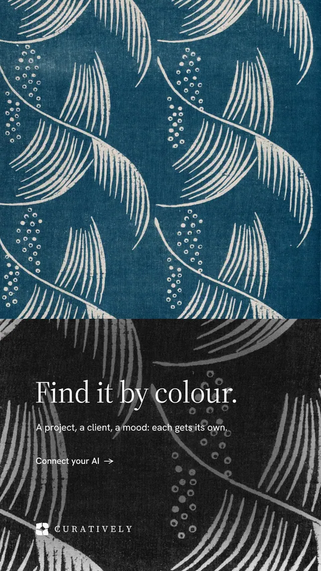 Instagram story for Curatively: "Find it by colour." Minimal luxury style, bottom layout, dark palette in blue, black, grey.