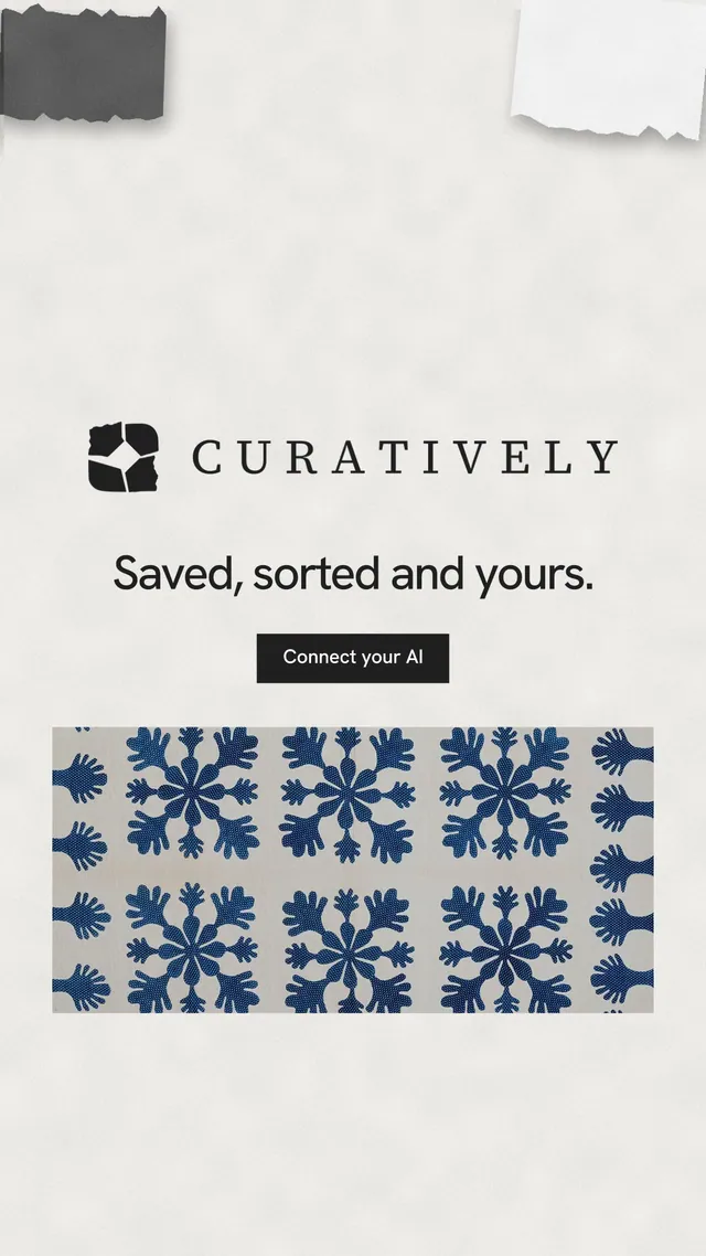 Instagram story for Curatively: "Saved, sorted and yours." Swiss style, logo hero layout, light palette in white, grey.