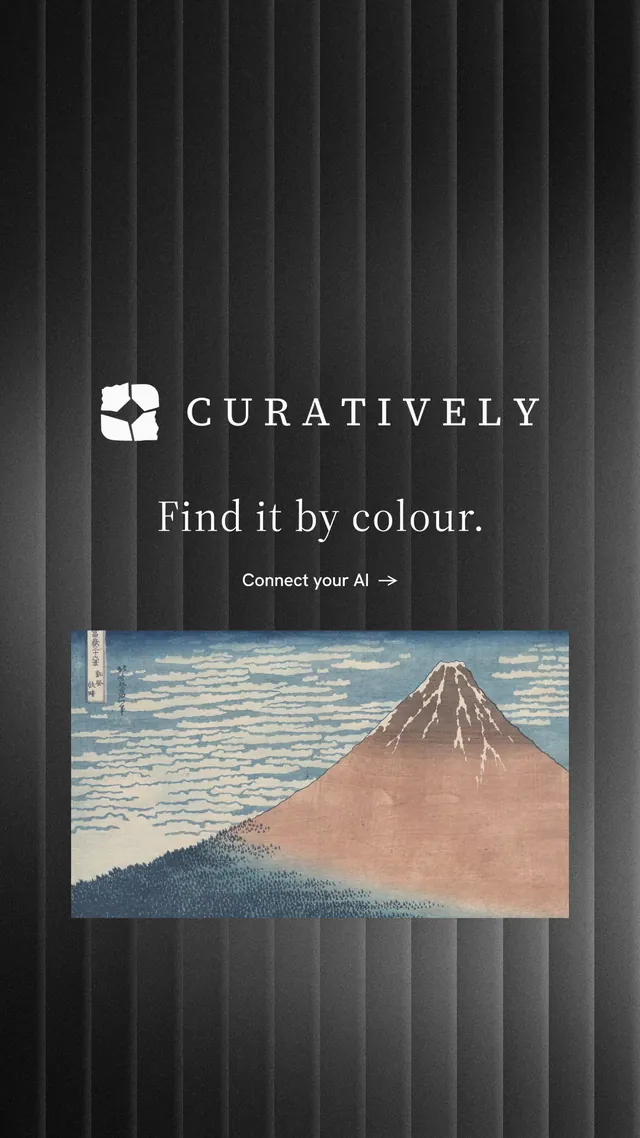 Instagram story for Curatively: "Find it by colour." Minimal luxury style, logo hero layout, dark palette in grey, black.