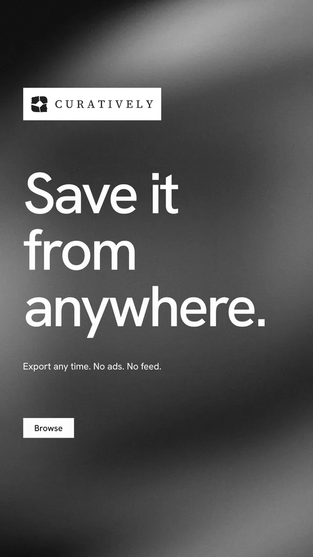 Instagram story for Curatively: "Save it from anywhere." Swiss style, announce layout, dark palette in grey, black.