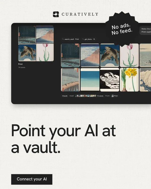 Instagram portrait post for Curatively: "Point your AI at a vault." Swiss style, sticker layout, light palette in white, black, grey.