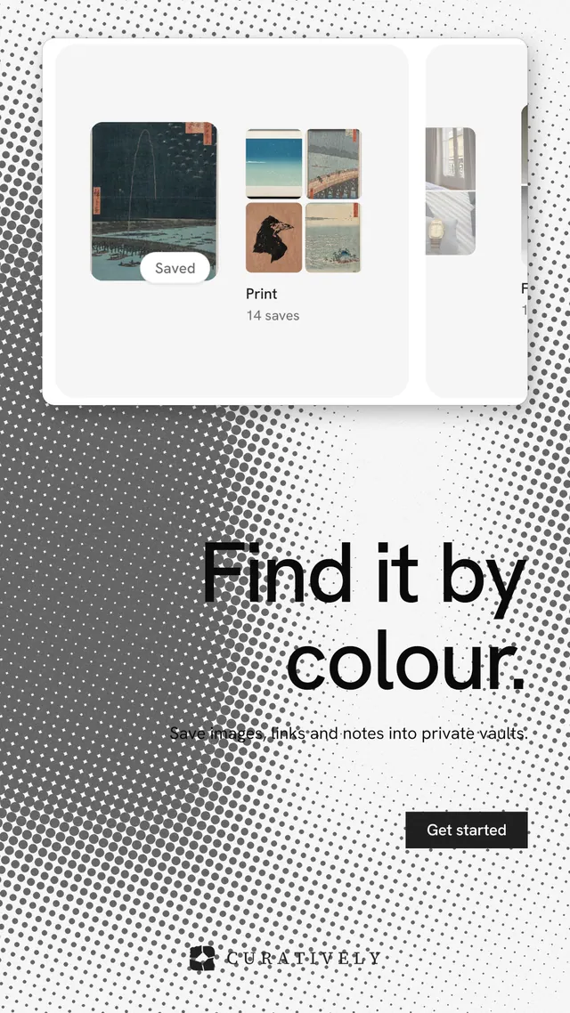 Instagram story for Curatively: "Find it by colour." Split block style, right layout, light palette in grey, white.