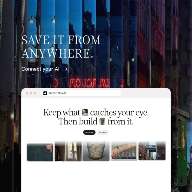 Instagram post for Curatively: "Save it from anywhere." Minimal luxury style, browser layout, light palette in black, white, grey.