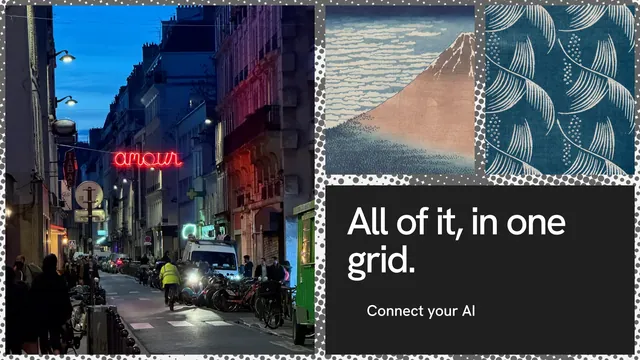 Landscape graphic for Curatively: "All of it, in one grid." Swiss style, collage layout, dark palette in grey, black.