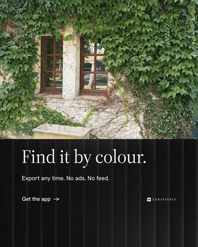 Instagram portrait post for Curatively: "Find it by colour." Minimal luxury style, bottom layout, dark palette in green, black, grey.