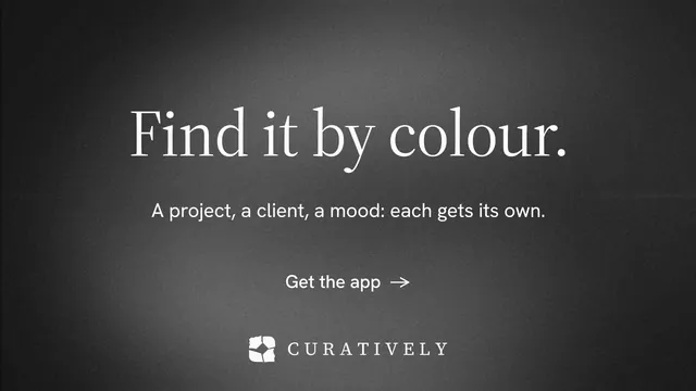 Landscape graphic for Curatively: "Find it by colour." Minimal luxury style, centred layout, dark palette in black, grey.